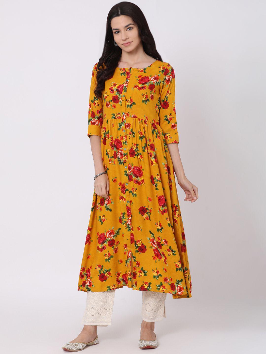 alena women yellow floral printed a-line kurta