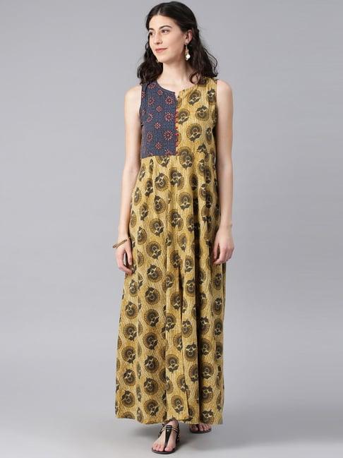 alena yellow & blue cotton printed a line kurta