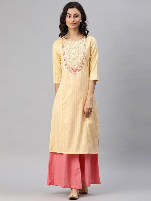 alena yellow cotton embellished straight kurta