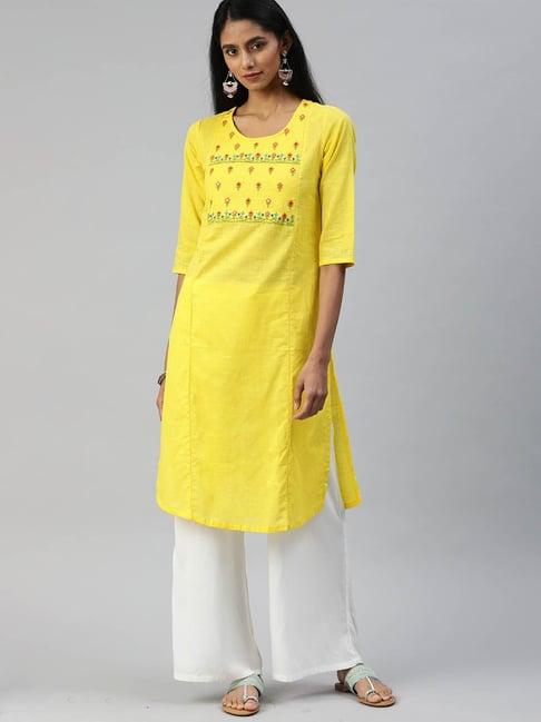 alena yellow cotton embellished straight kurta