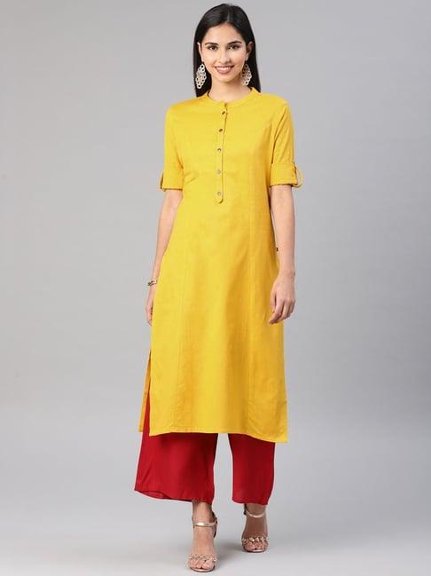 alena yellow cotton straight kurta