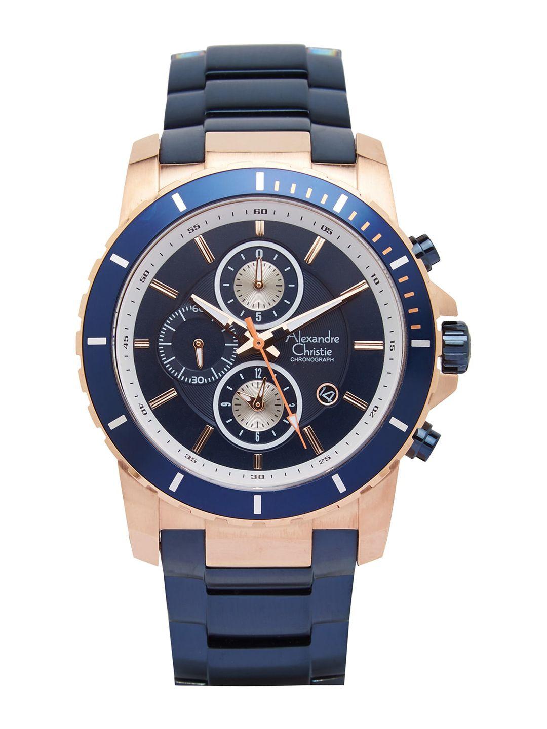 alexandre christie men blue dial & blue stainless steel bracelet style straps analogue watch