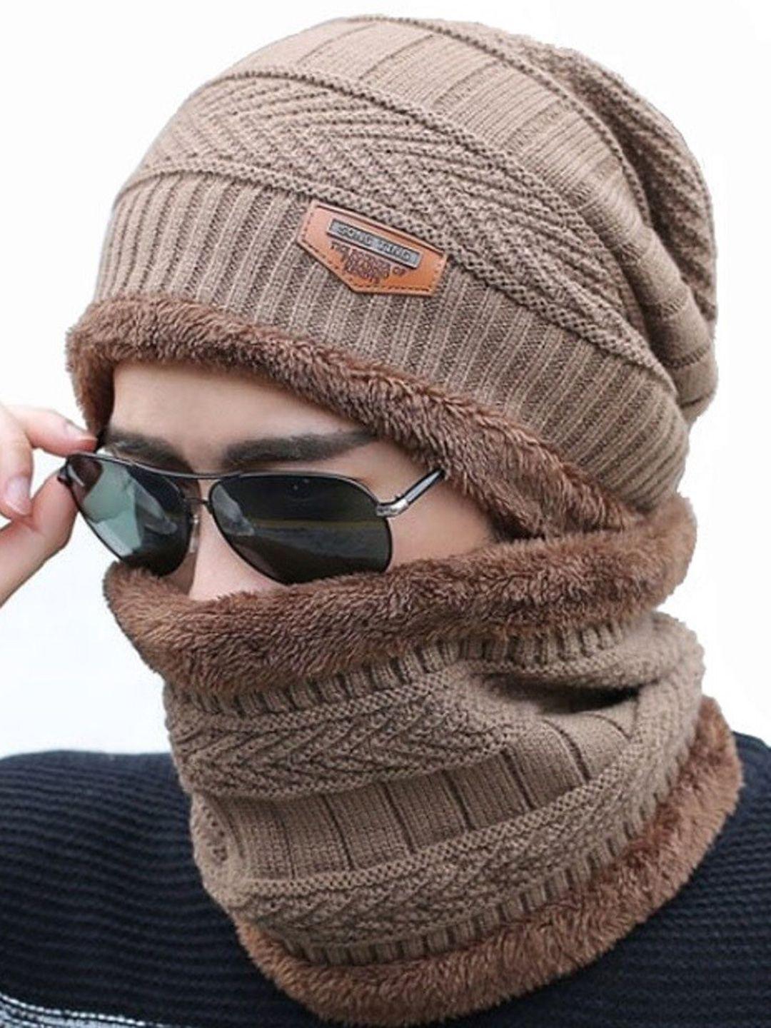 alexvyan men self design woollen beanie with scarf