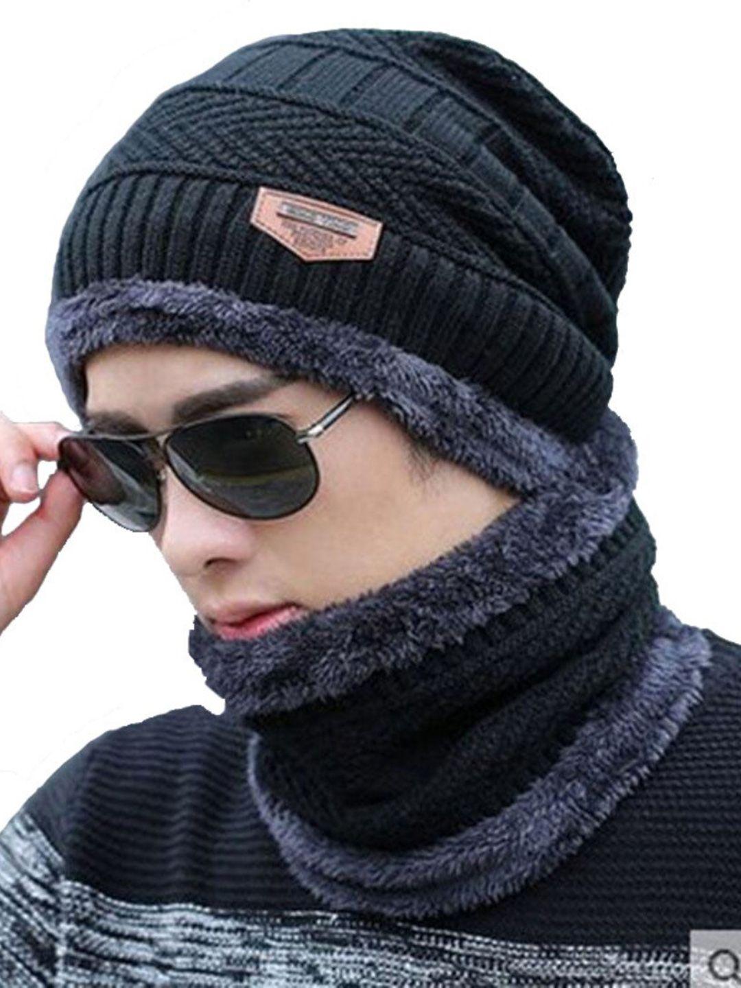 alexvyan men self design woollen beanie with scarf