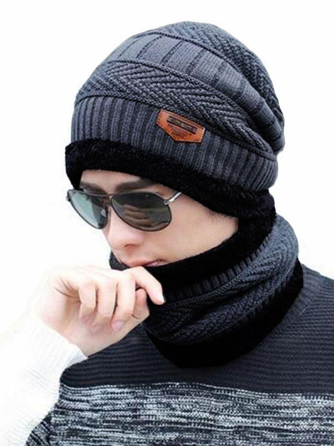 alexvyan men self design woollen beanie with scarf