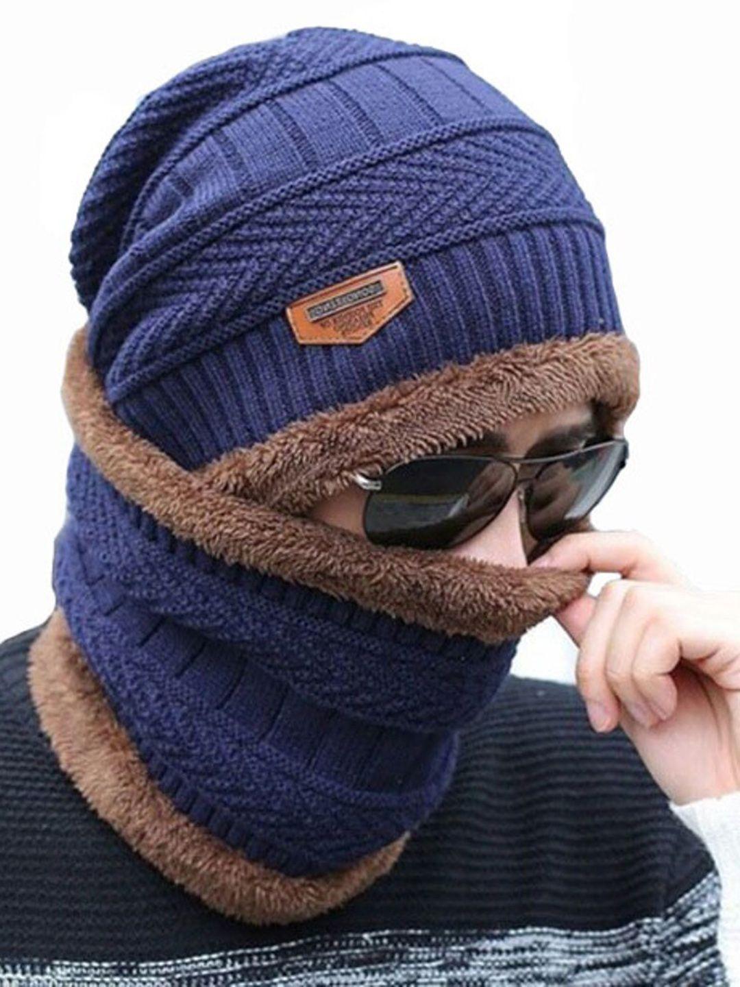 alexvyan men self design woollen beanie with scarf