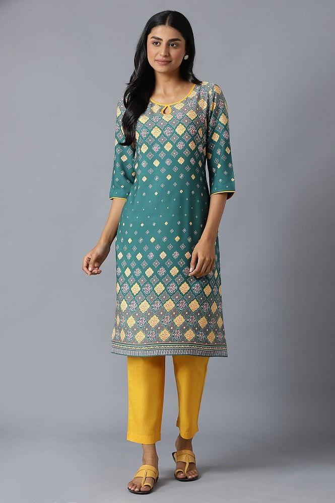 algae green floral printed kurta with yellow solid trousers