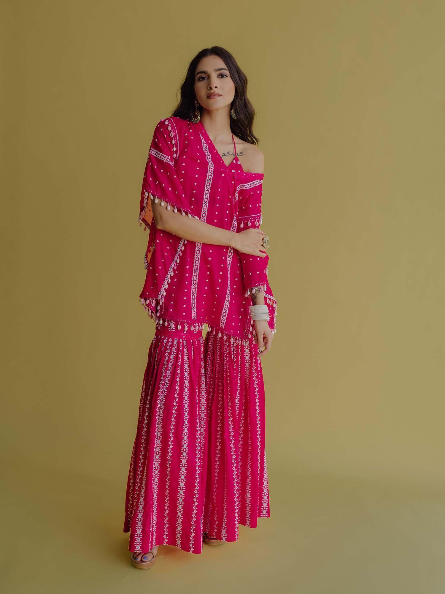 alia magenta cotton embroidered kaftan with blouse and sharara (set of 3)