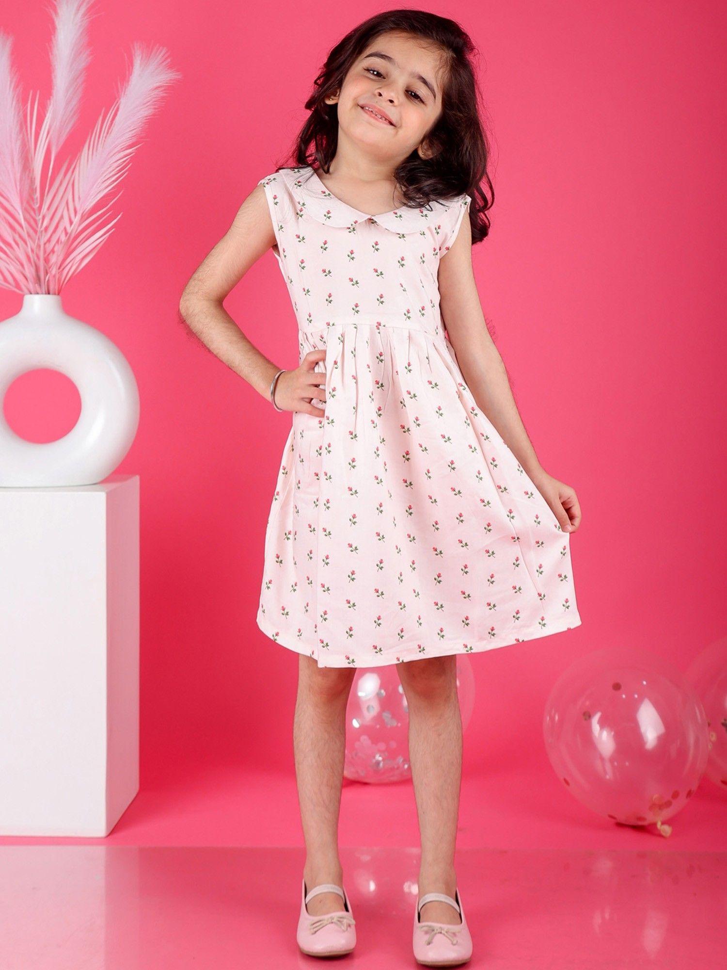 alice dress in rose print with back v neck collar peach