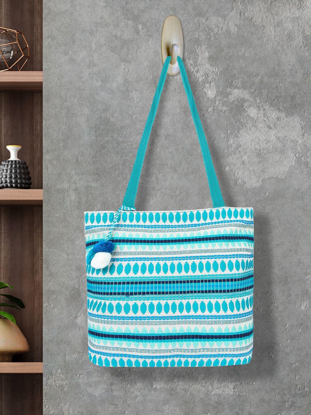 alii and aliizey white & turquoise blue self design tote bag