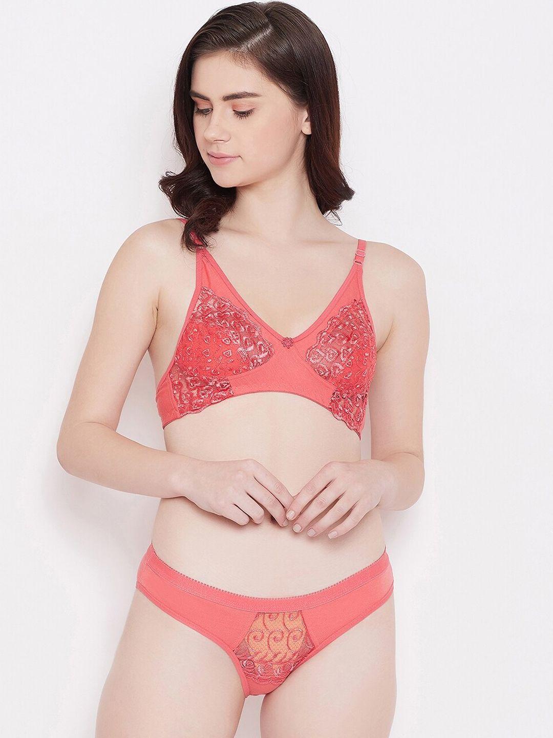 aliza women coral-pink solid lace lingerie set
