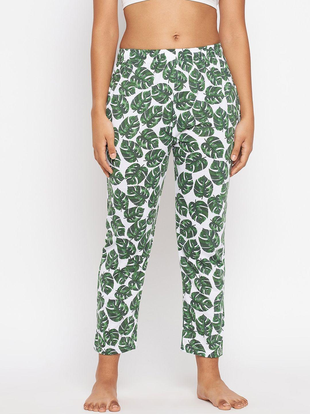 aliza women green & white printed cotton relaxed fit lounge pants