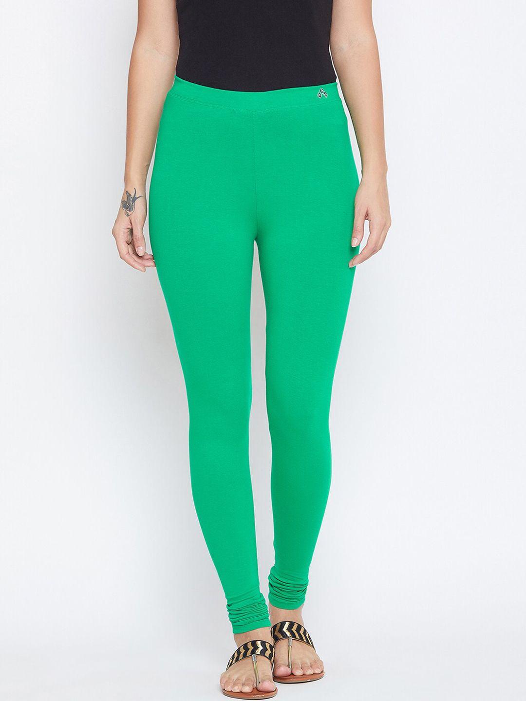aliza women green solid churidar-length cotton leggings