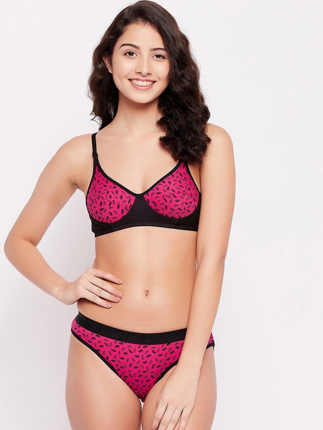 aliza women magenta & black printed non-padded cotton lingerie set