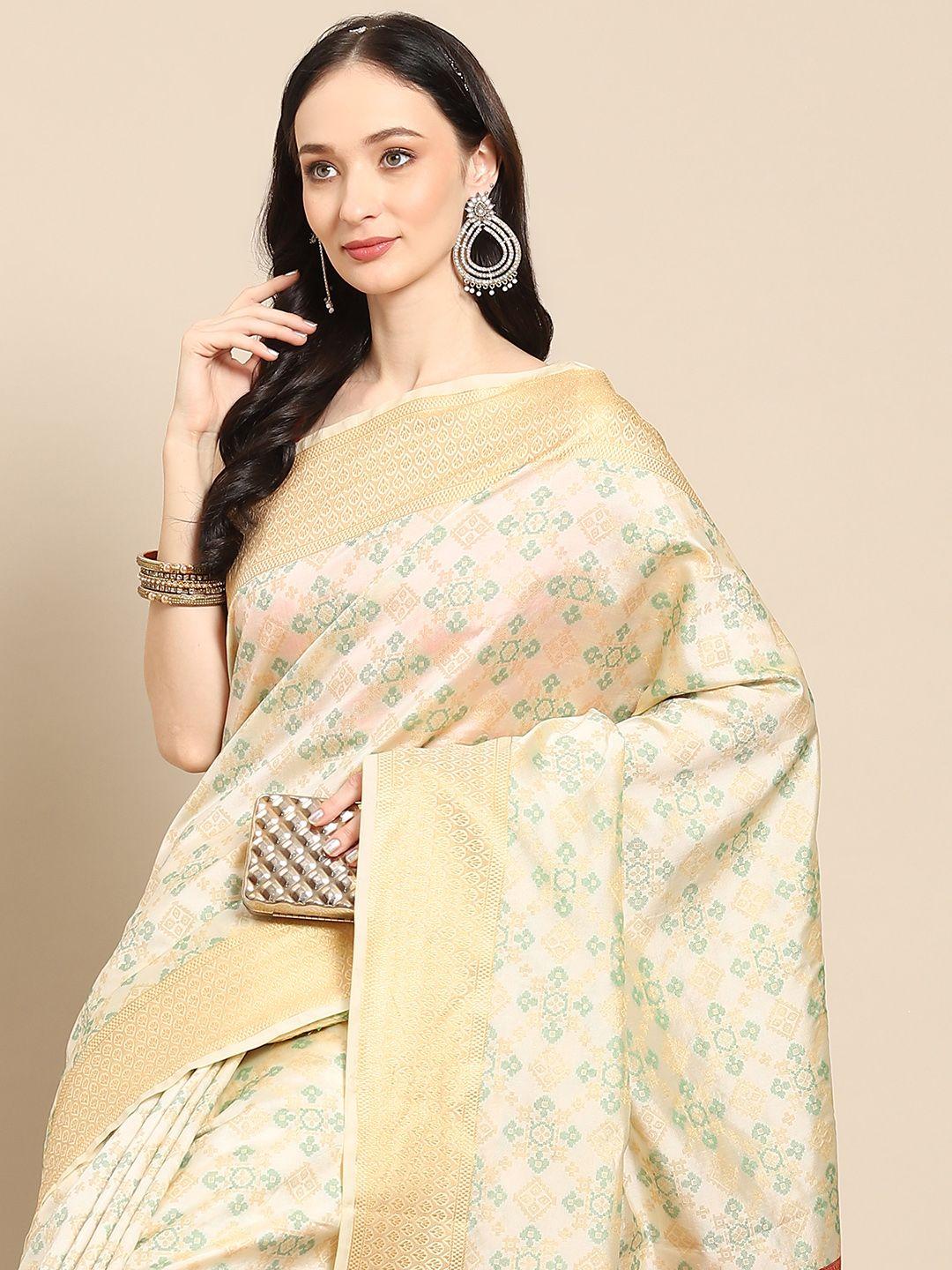 all about you beige & green ethnic motifs zari silk blend saree