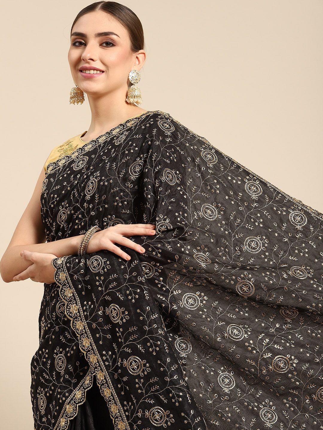 all about you black & golden floral silk blend saree
