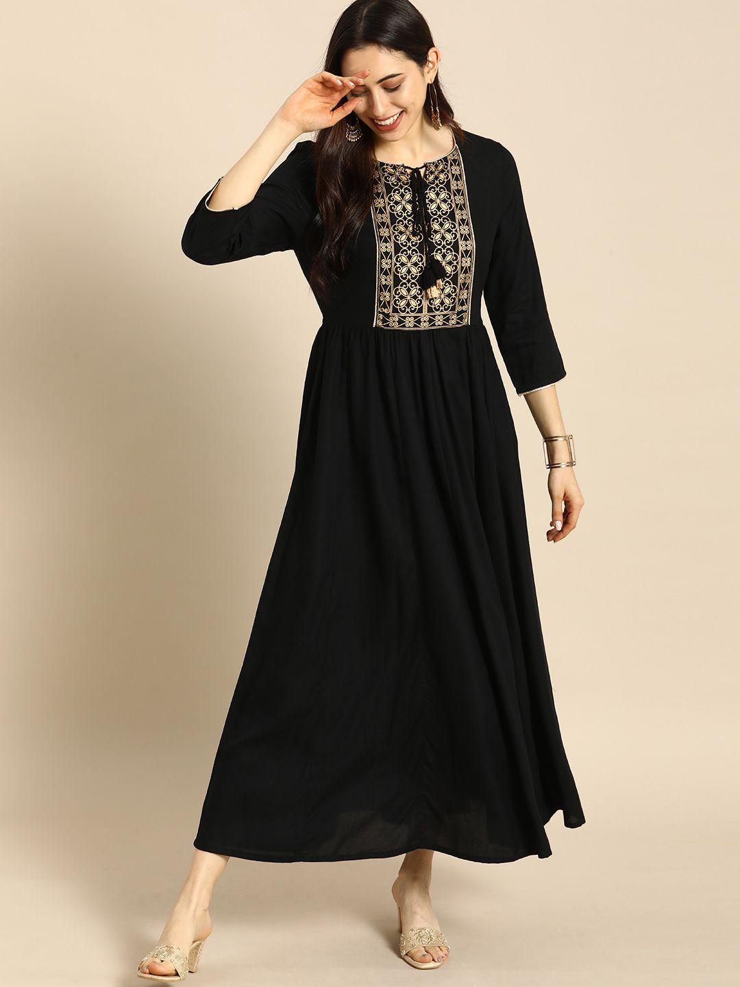 all about you black floral embroidered tie-up neck maxi dress