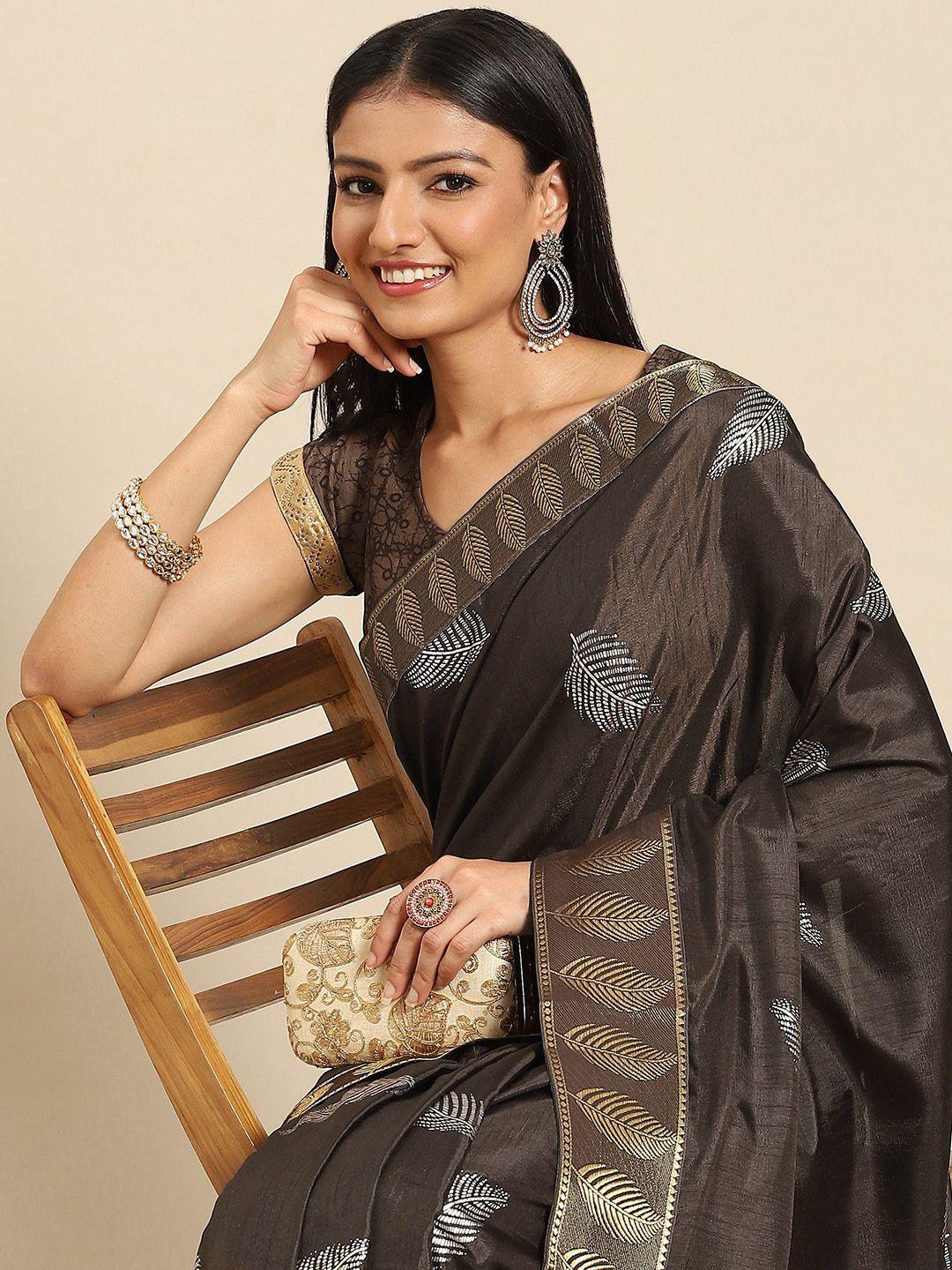 all about you brown & silver-toned floral saree