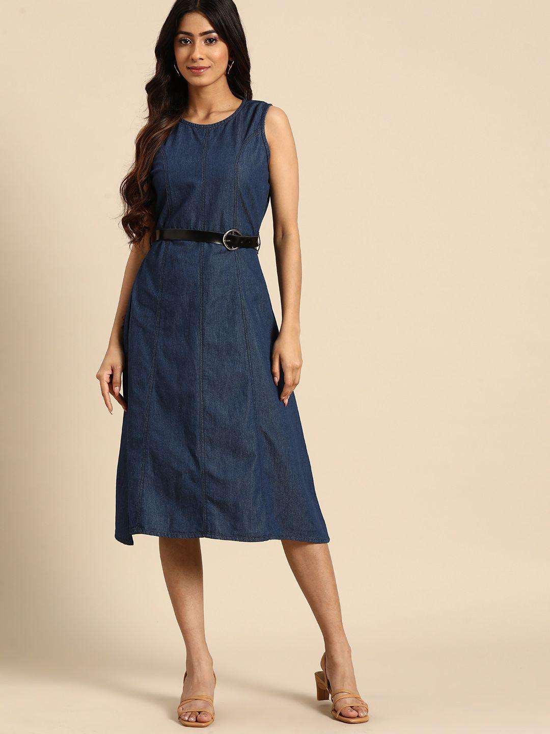 all about you chambray finish a-line pure cotton dress with detachable belt