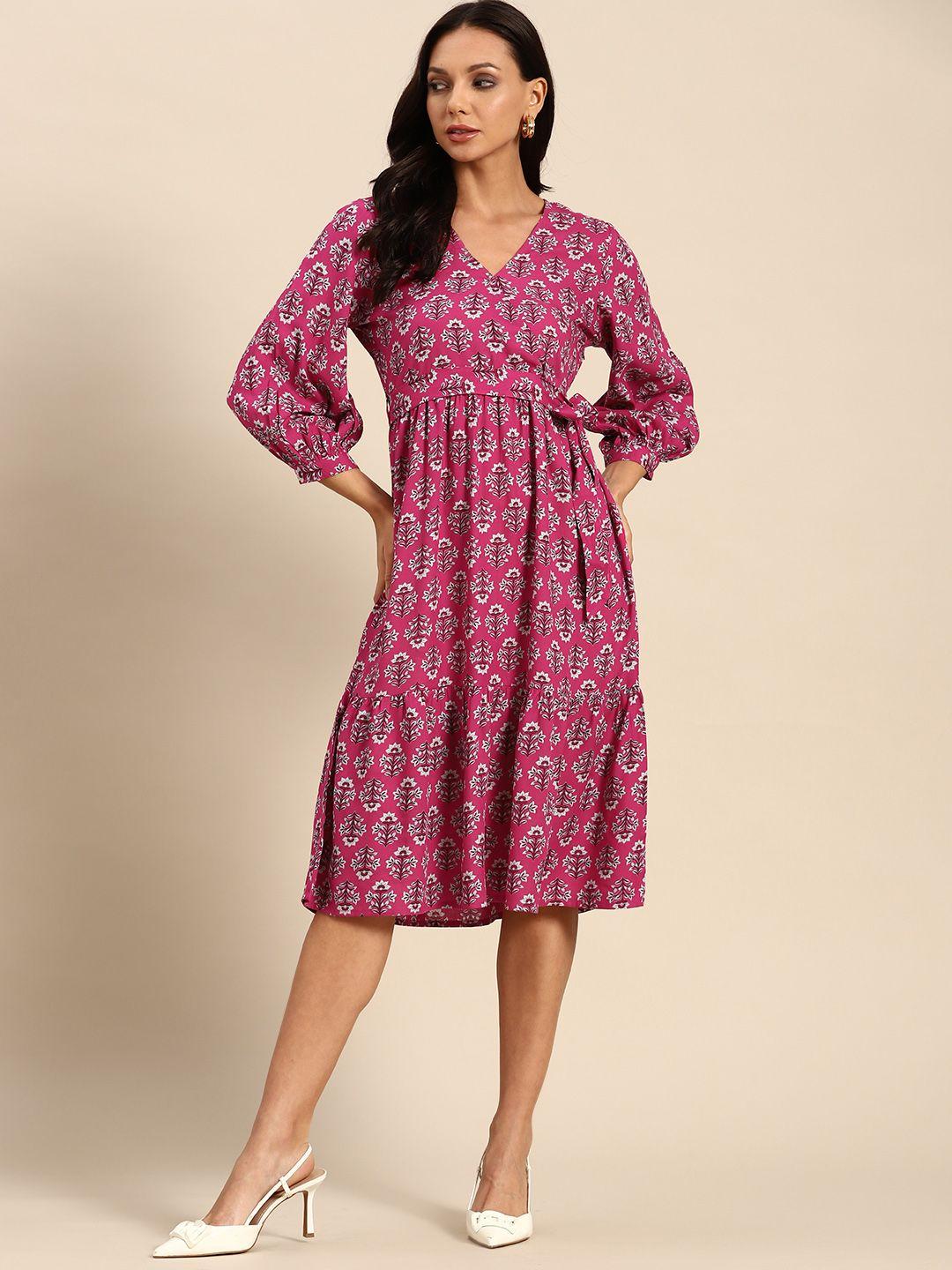 all about you ecovero ethnic motifs print puff sleeve midi dress