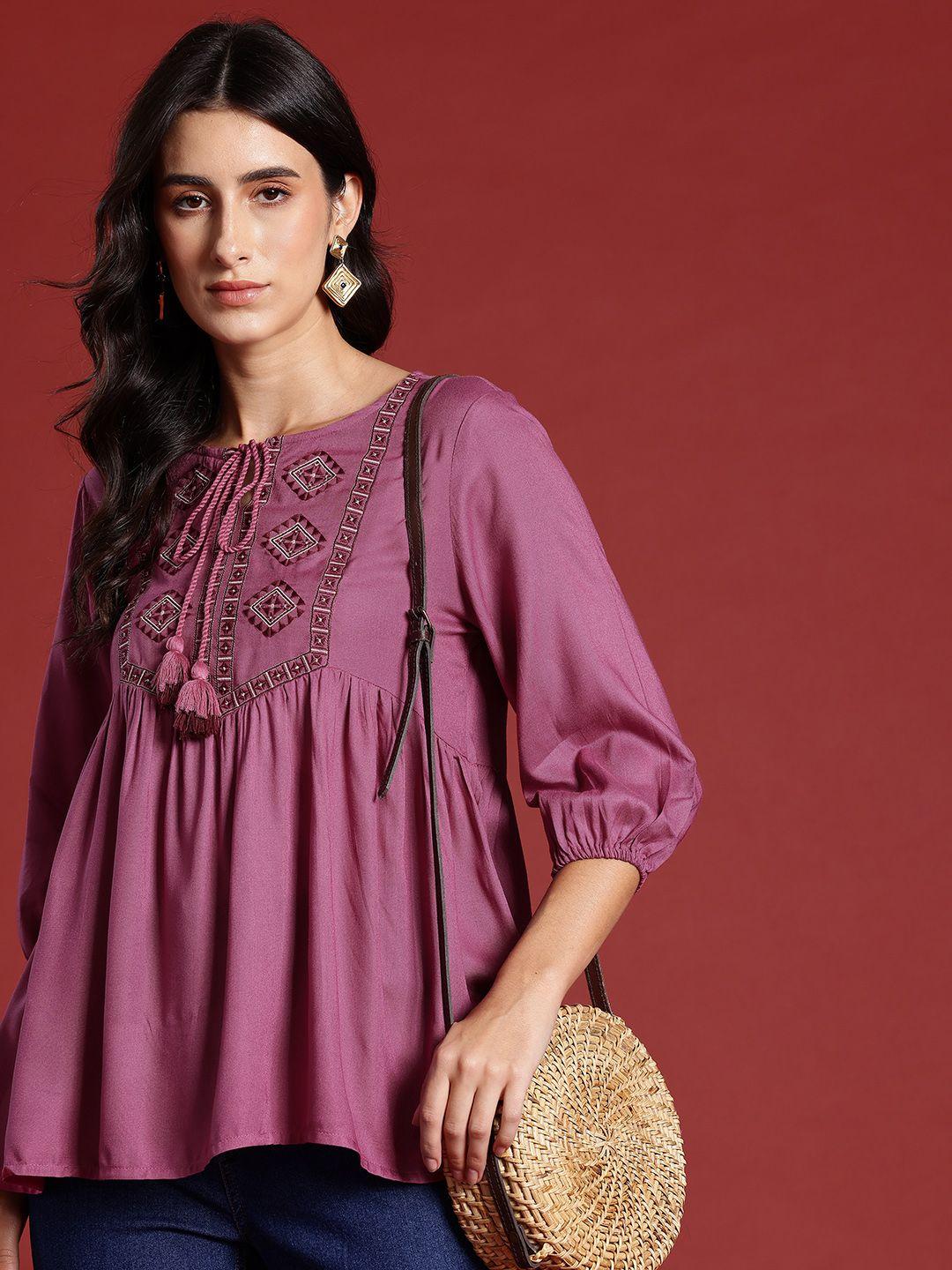 all about you ethnic motifs embroidered yoke tie-up neck puff sleeves a-line top