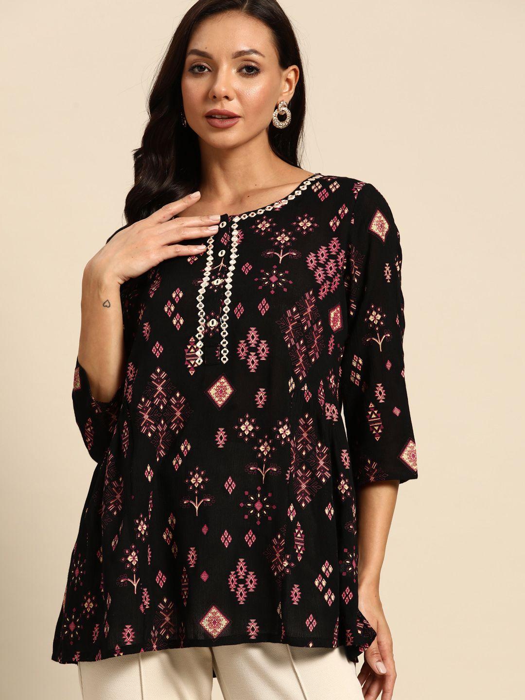 all about you ethnic motifs print mirror work tunic