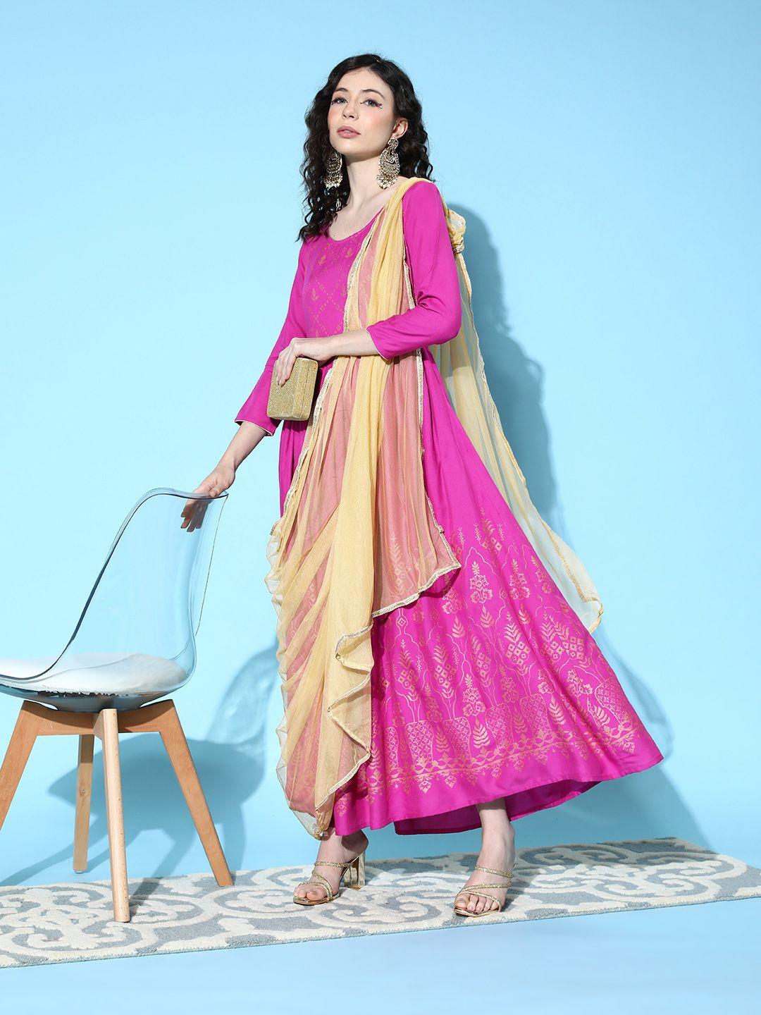 all about you ethnic motifs print un-dino-ki-baat a-line maxi dress with dupatta