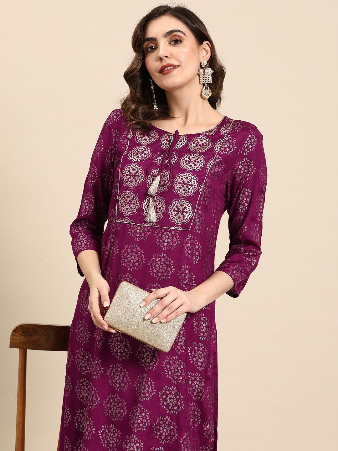 all about you ethnic motifs printed tie-up neck kurta with palazzos