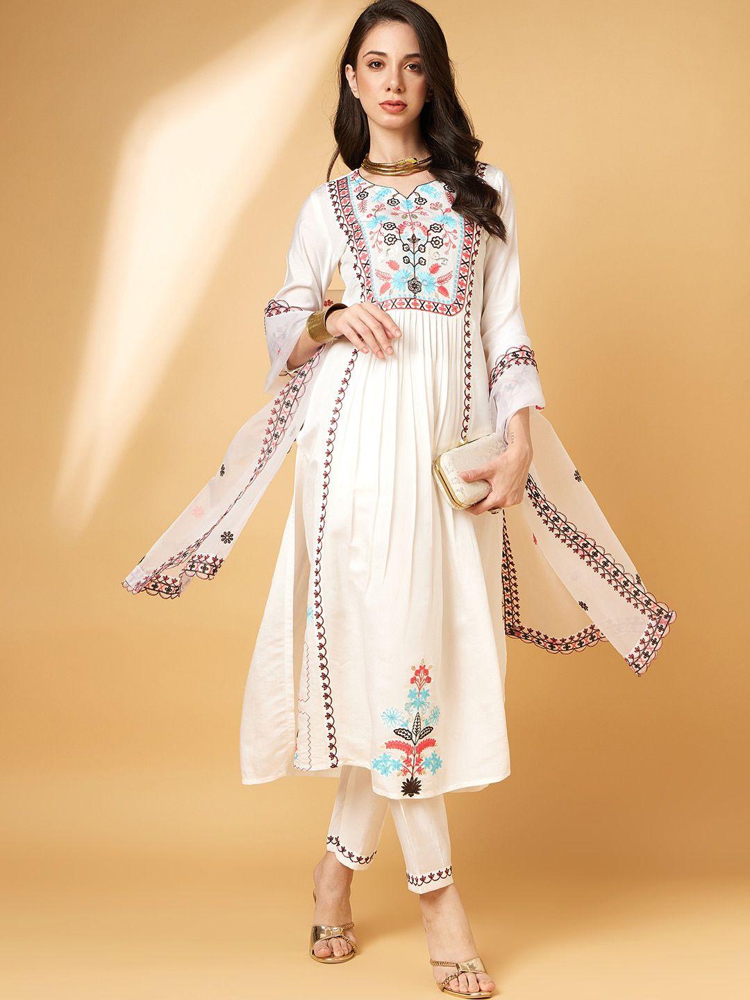 all about you floral embroidered a-line pleated sequinned kurta with trousers & dupatta