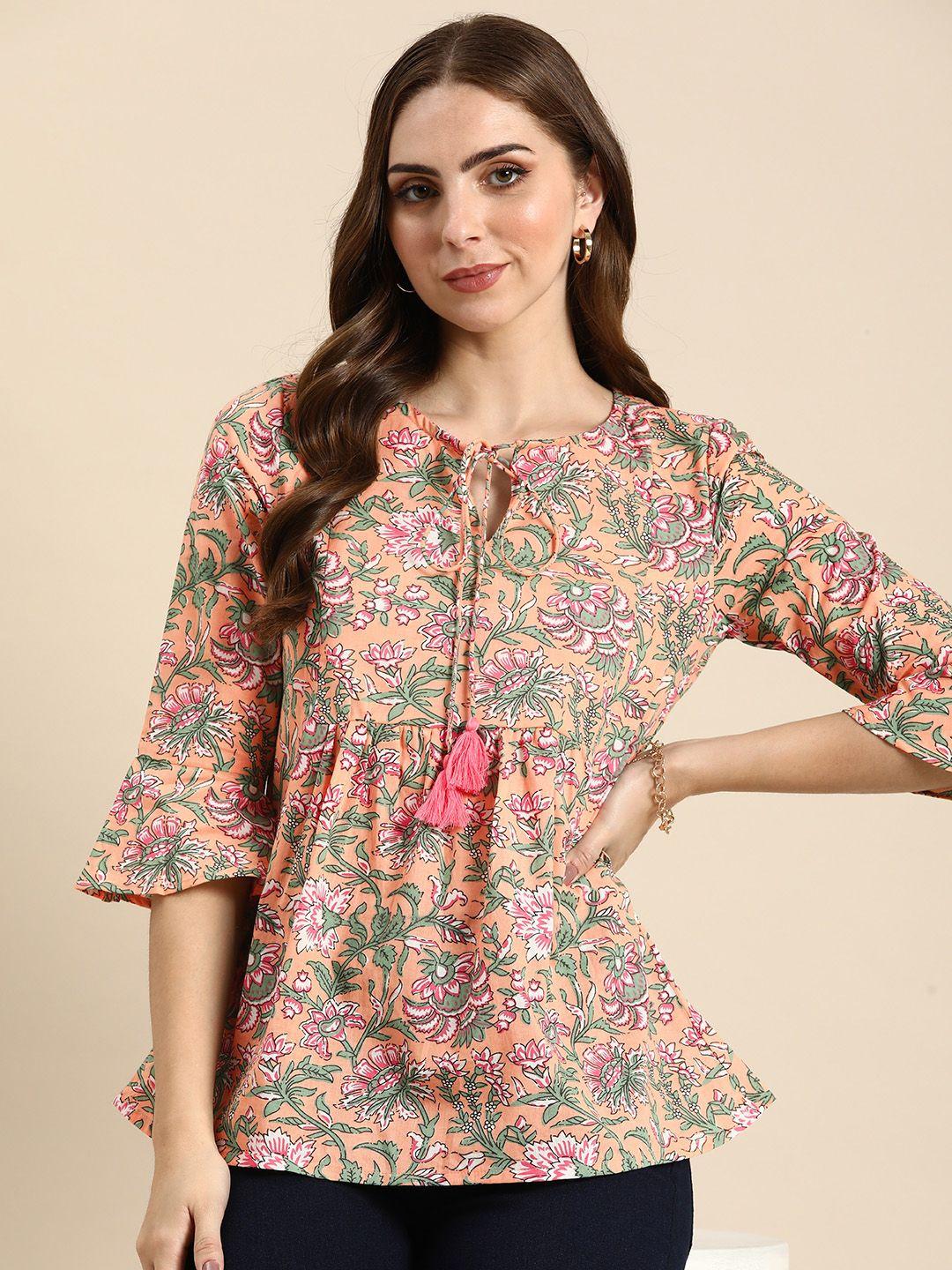 all about you floral print tie-up neck bell sleeve pure cotton top