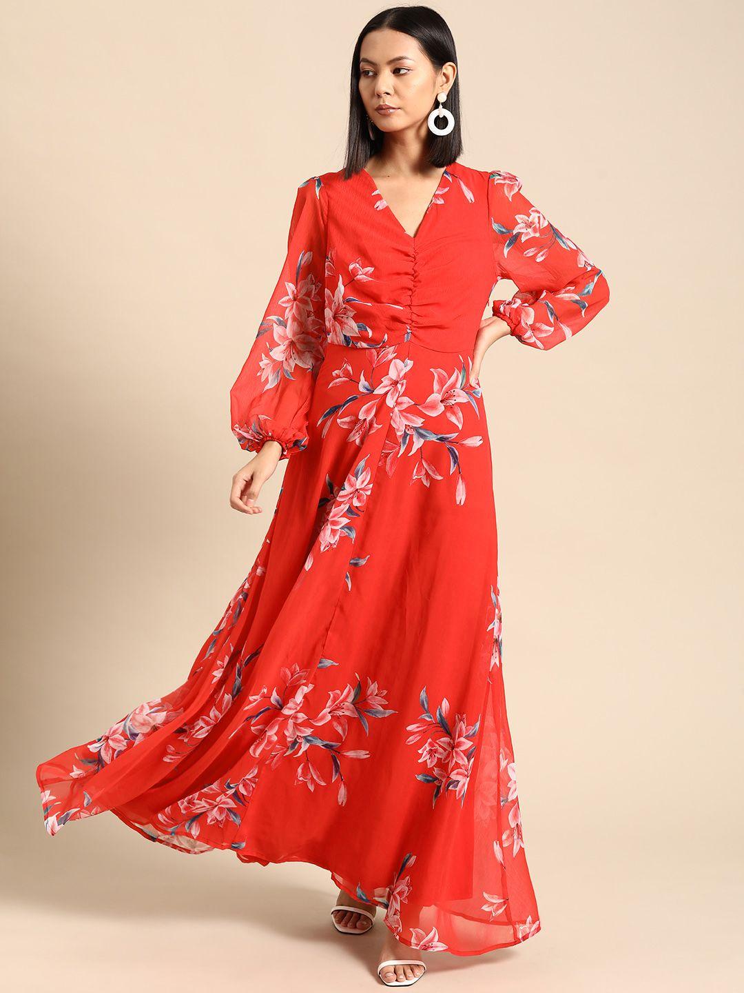 all about you floral printed ruched detail puff sleeves maxi dress