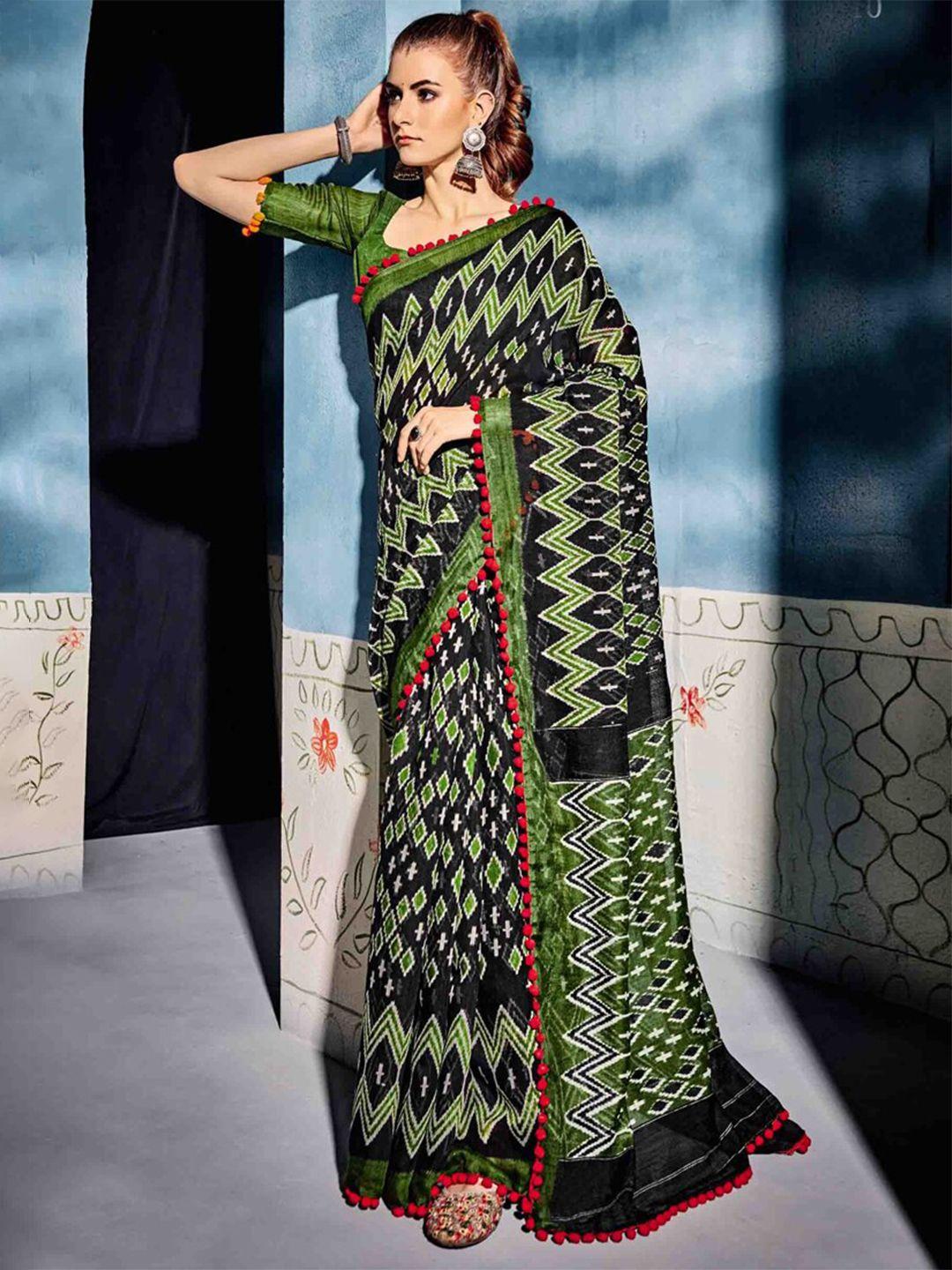 all about you green & black ethnic printed pure cotton saree