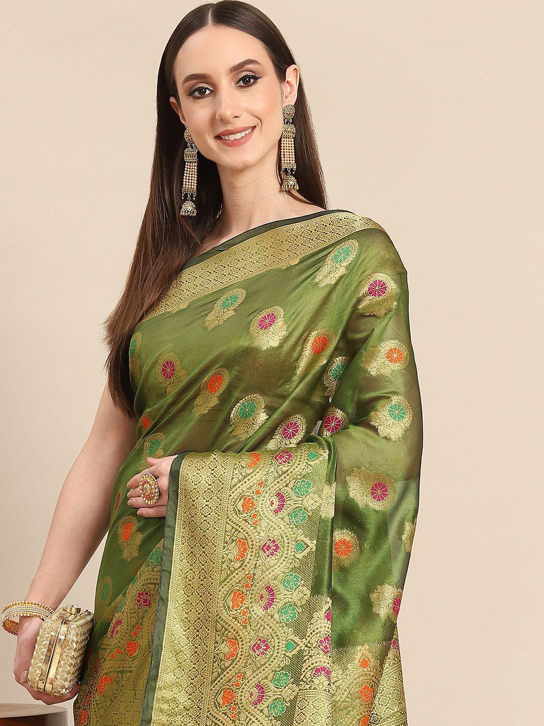 all about you green & golden woven design organza saree