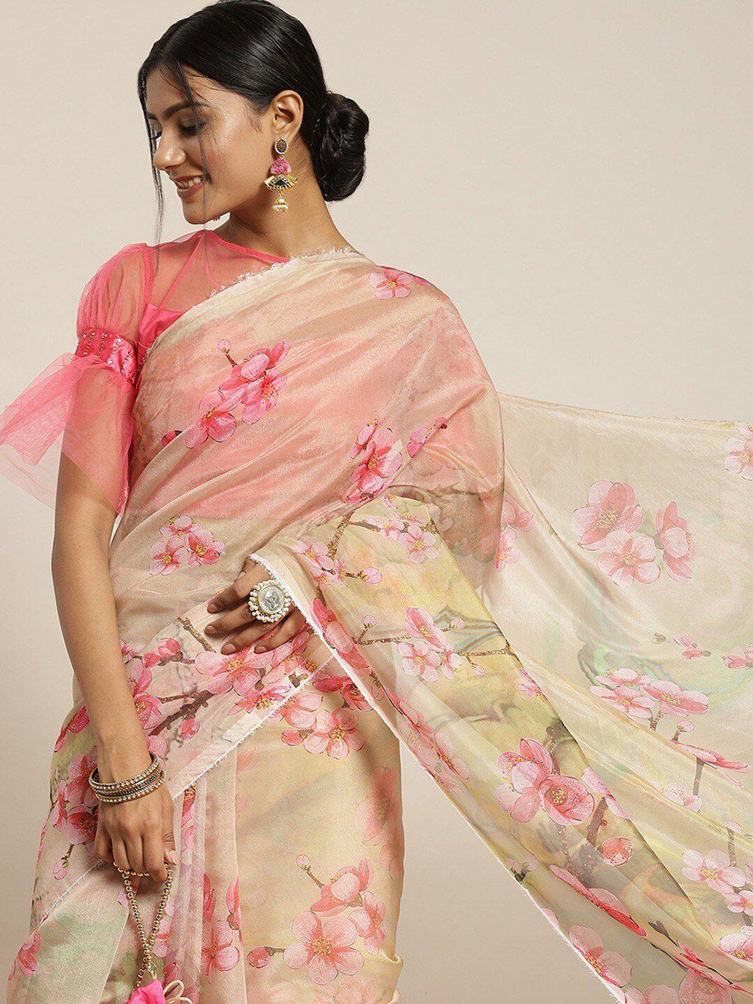 all about you green & peach-coloured floral organza saree
