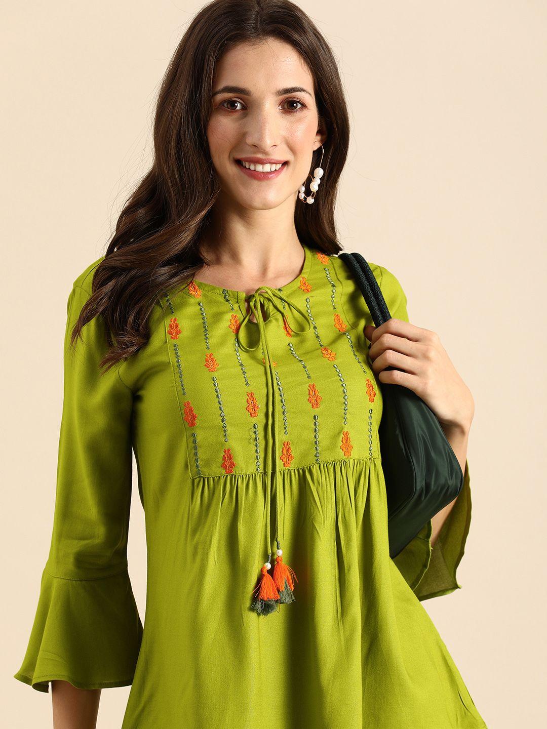 all about you green ethnic motifs embellished thread work empire styled kurti