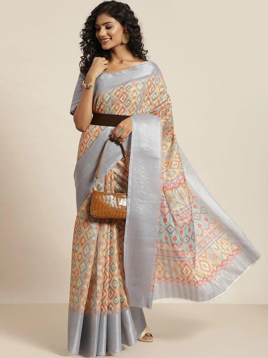 all about you grey & gold-toned zari silk blend mysore silk saree
