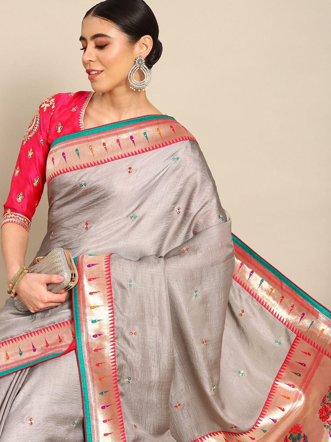 all about you grey & pink ethnic motifs pure silk banarasi saree