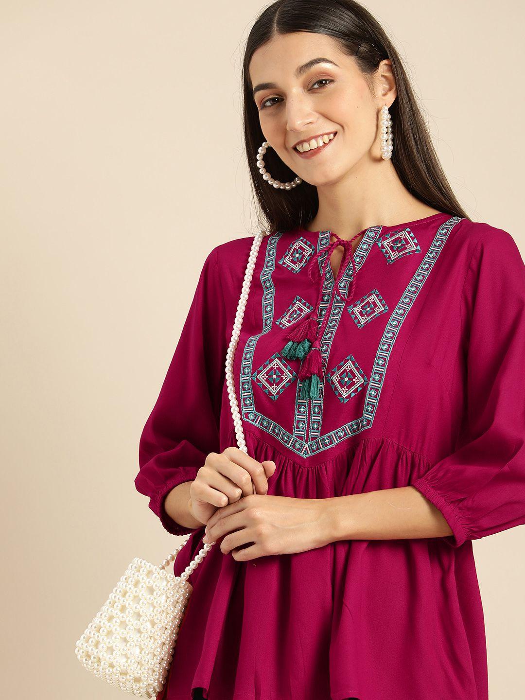 all about you magenta pink & blue ethnic motifs embroidered kurti
