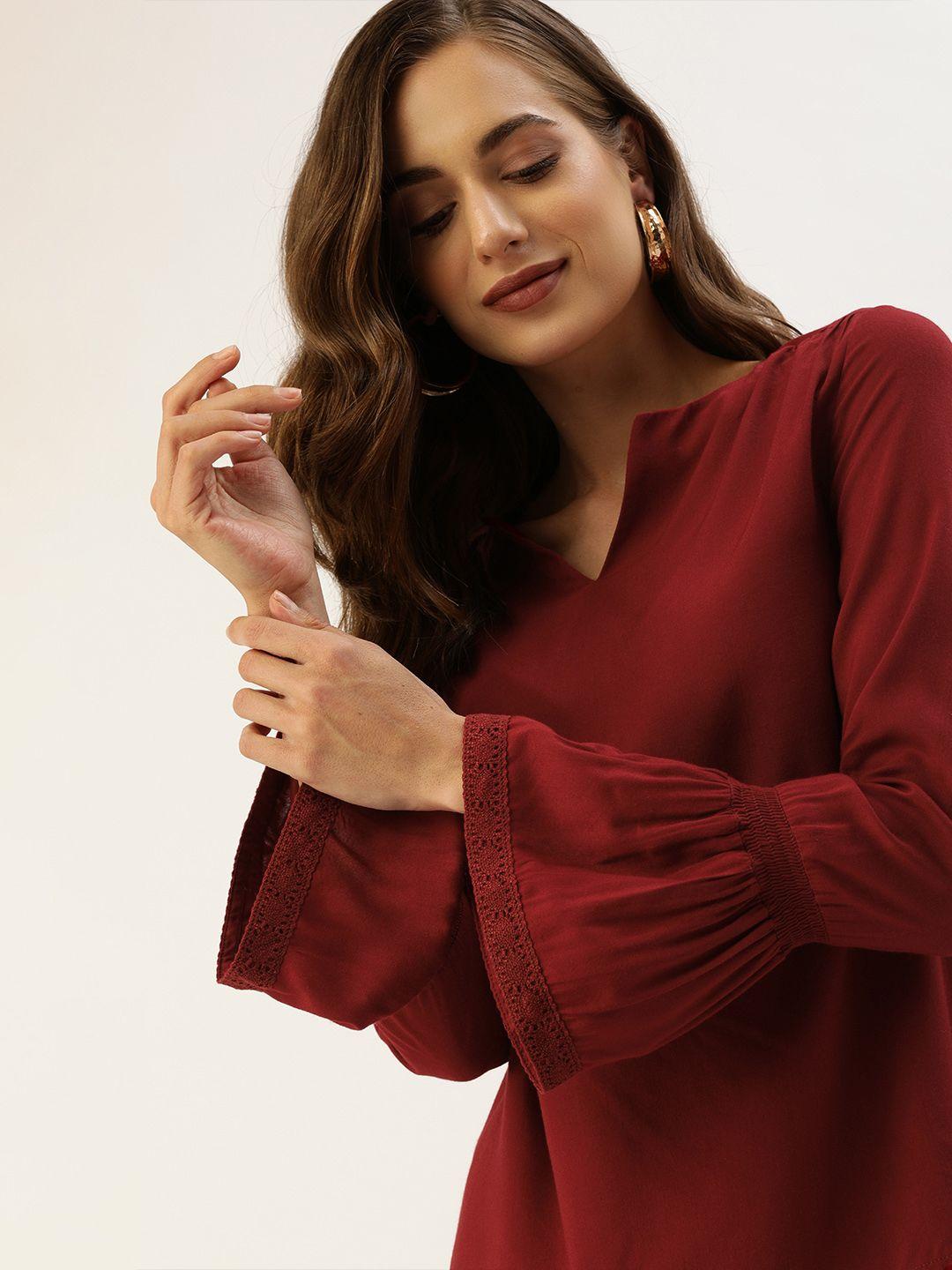 all about you maroon bell sleeve regular top with lace inserts