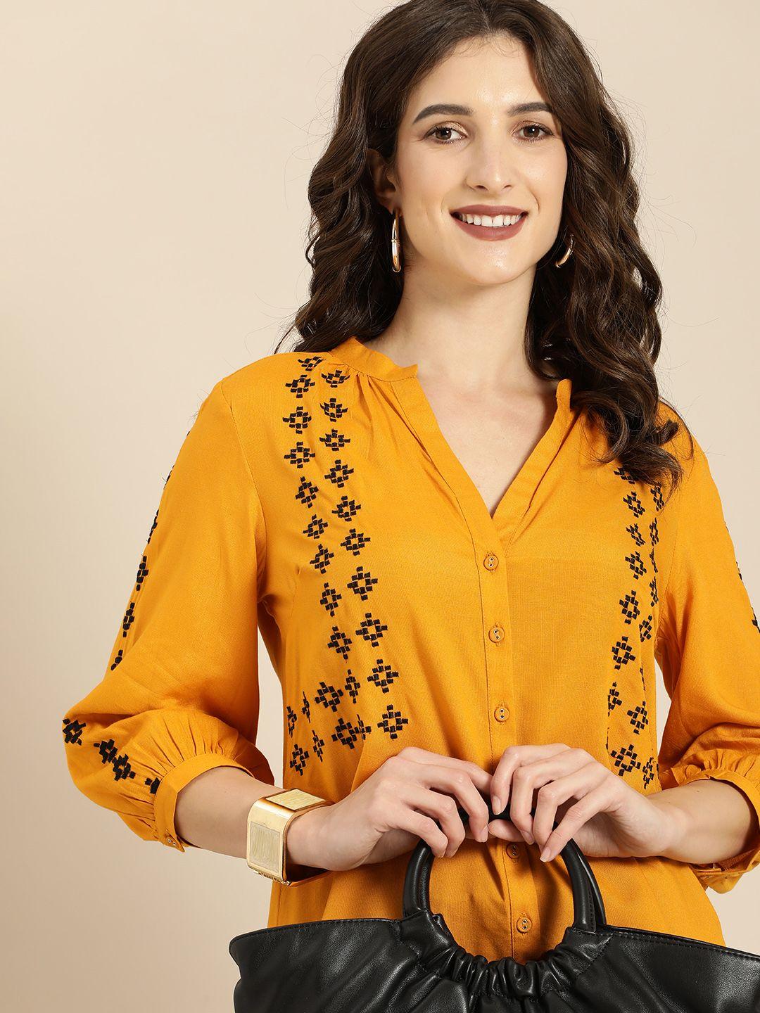 all about you mustard yellow & black  embroidered v neck  top