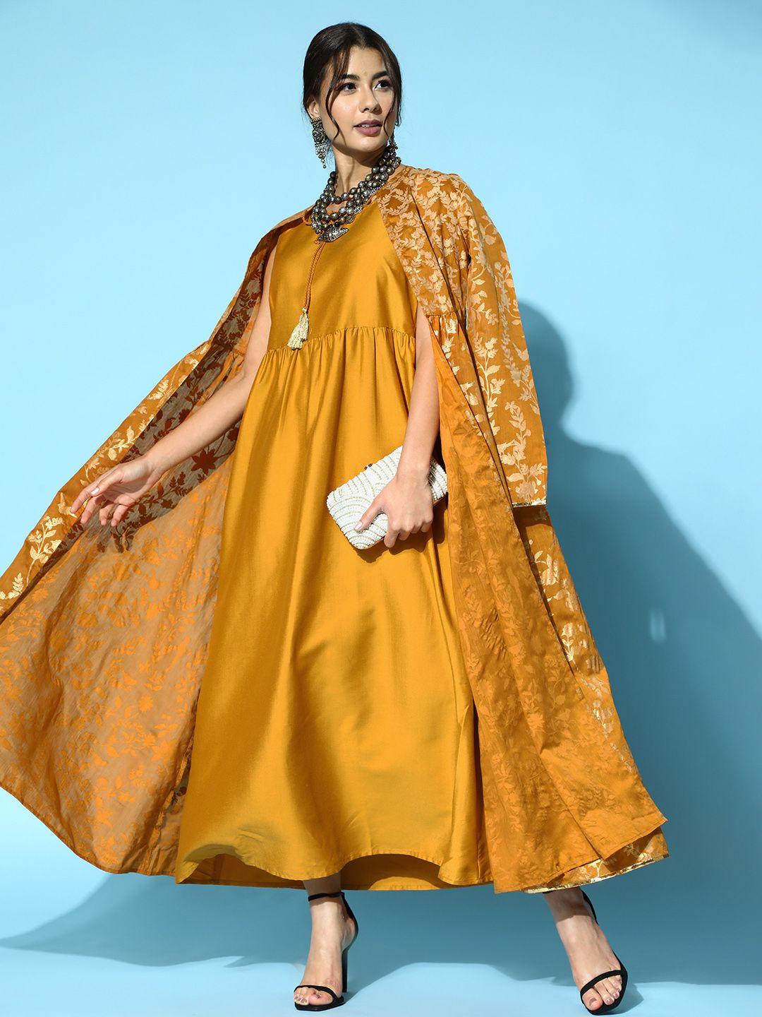 all about you mustard yellow & golden ethnic motifs print maxi dress with longline jacket
