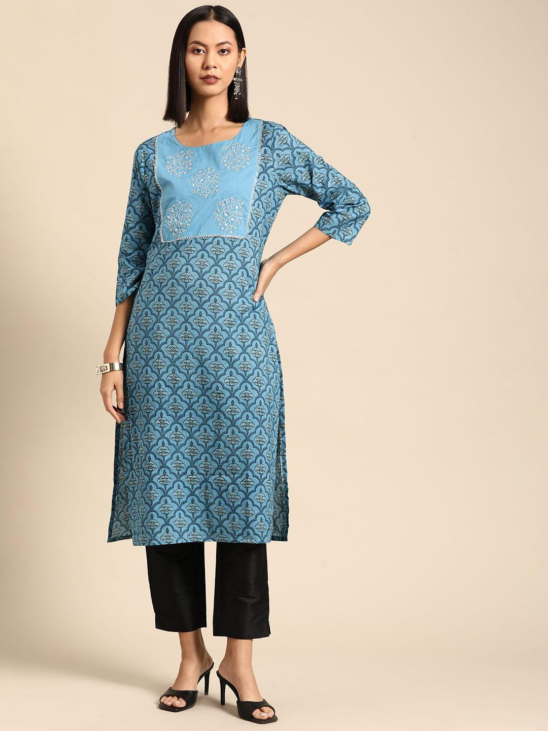 all about you pure cotton ethnic motifs printed thread work detail straight kurta
