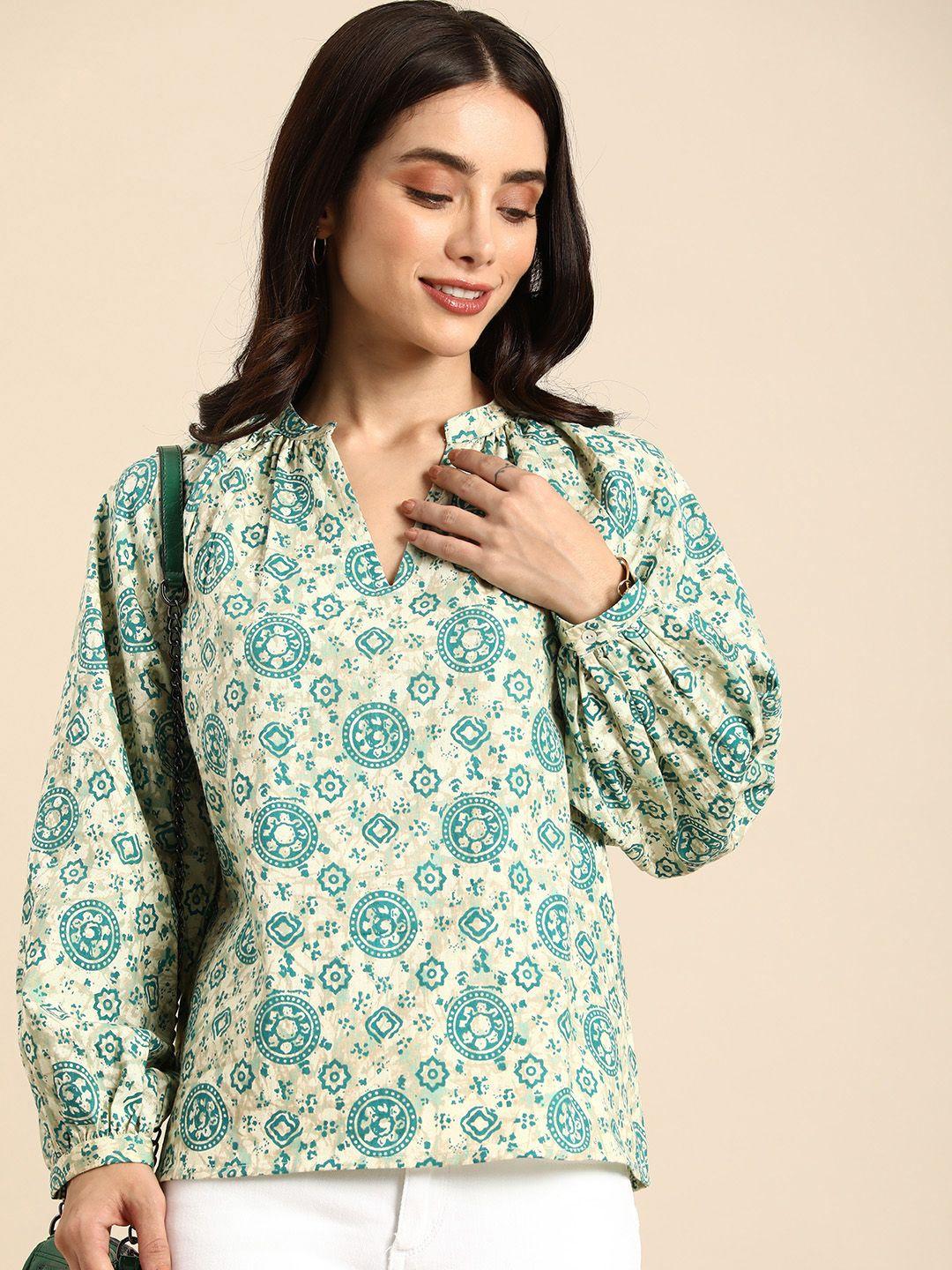 all about you pure cotton printed puff sleeve ethnic cotton top