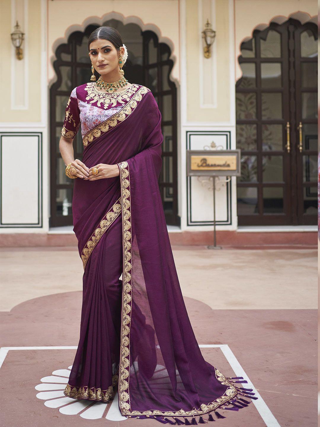 all about you purple & gold-toned embroidered silk blend saree