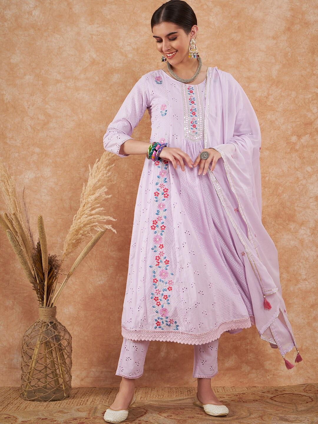 all about you purple floral embroidered schiffli pure cotton a-line kurta set