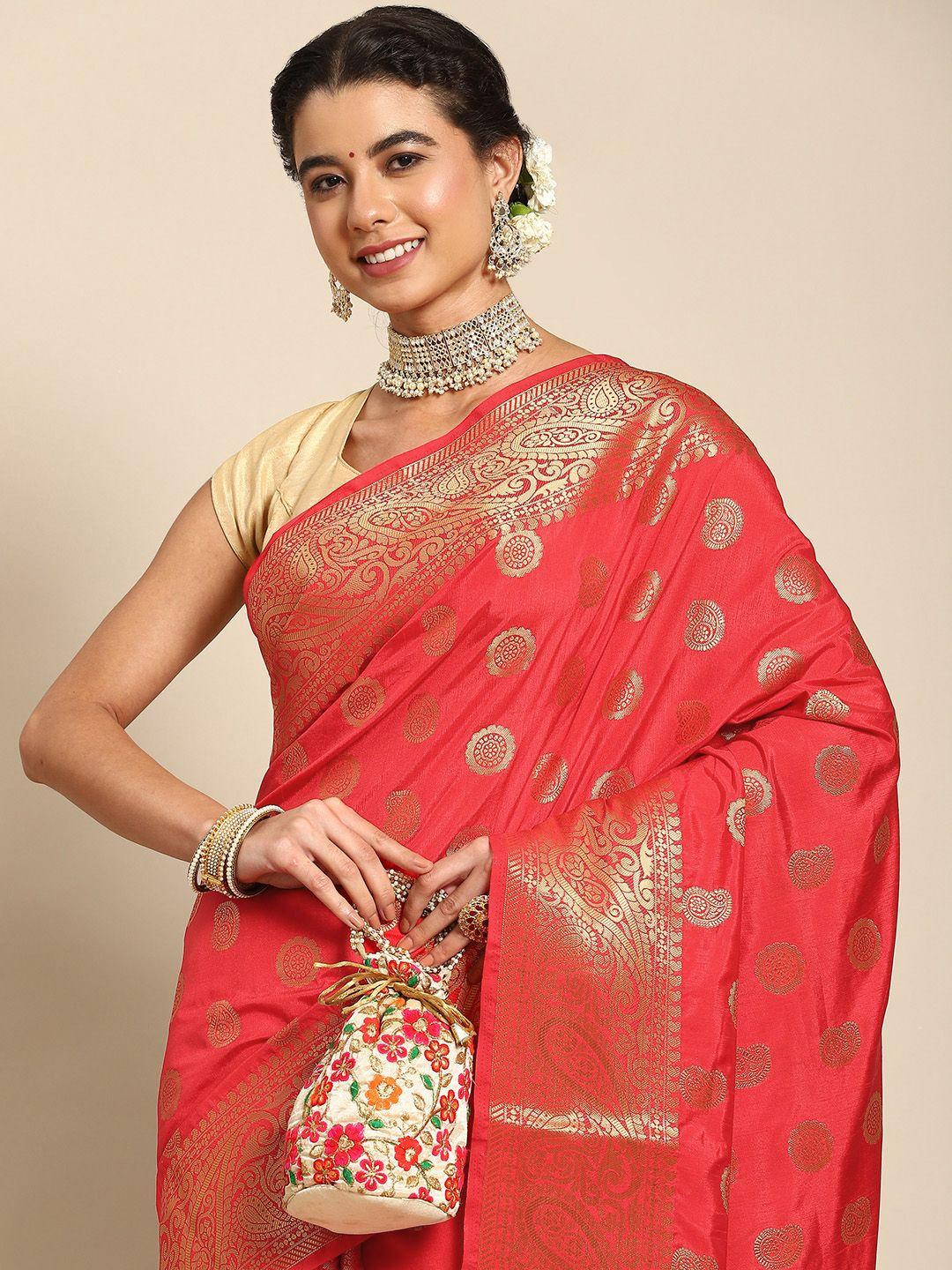 all about you red & gold-toned ethnic motifs zari silk blend banarasi saree