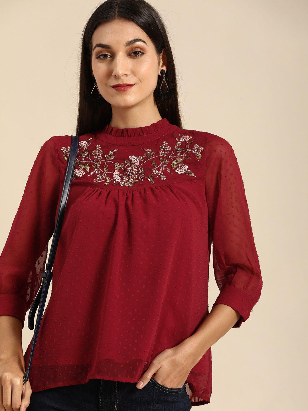 all about you red & gold-toned floral embroidered embellished  top