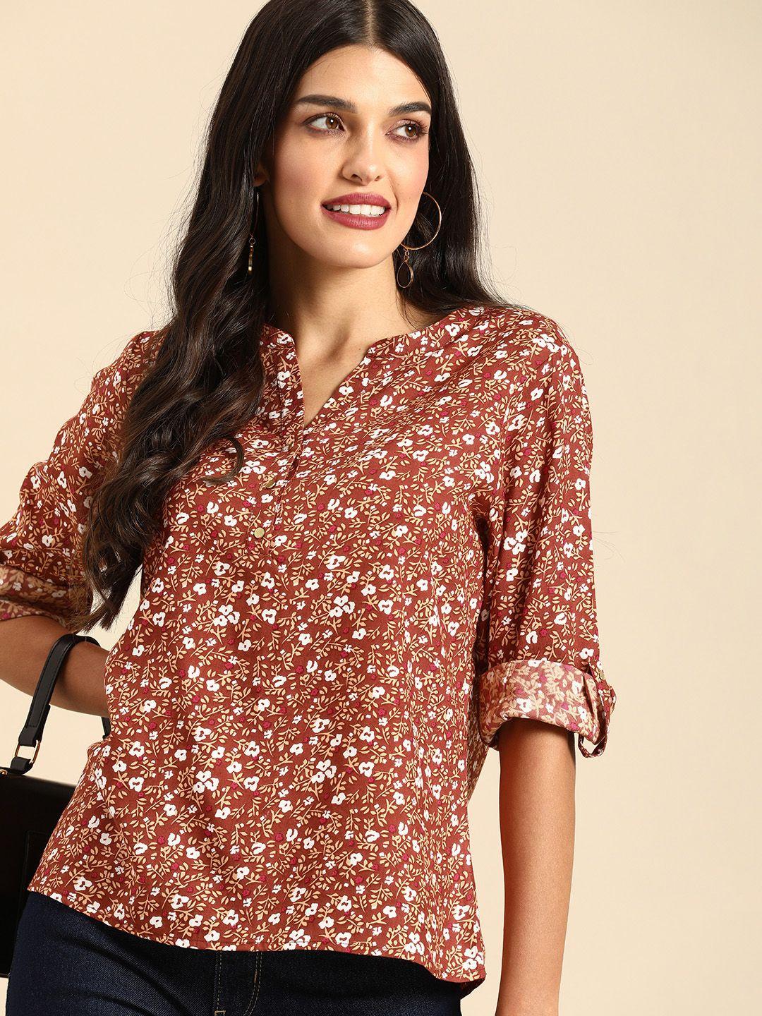 all about you rust floral printed roll-up sleeves top