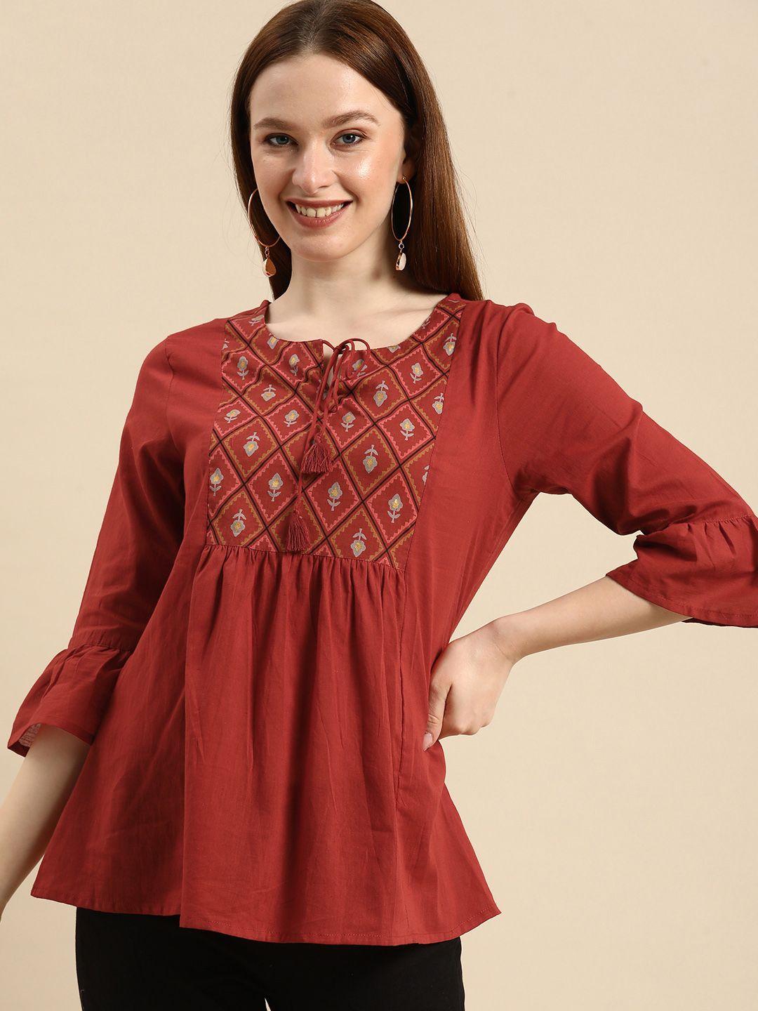 all about you rust red floral yoke design pure cotton a-line kurti
