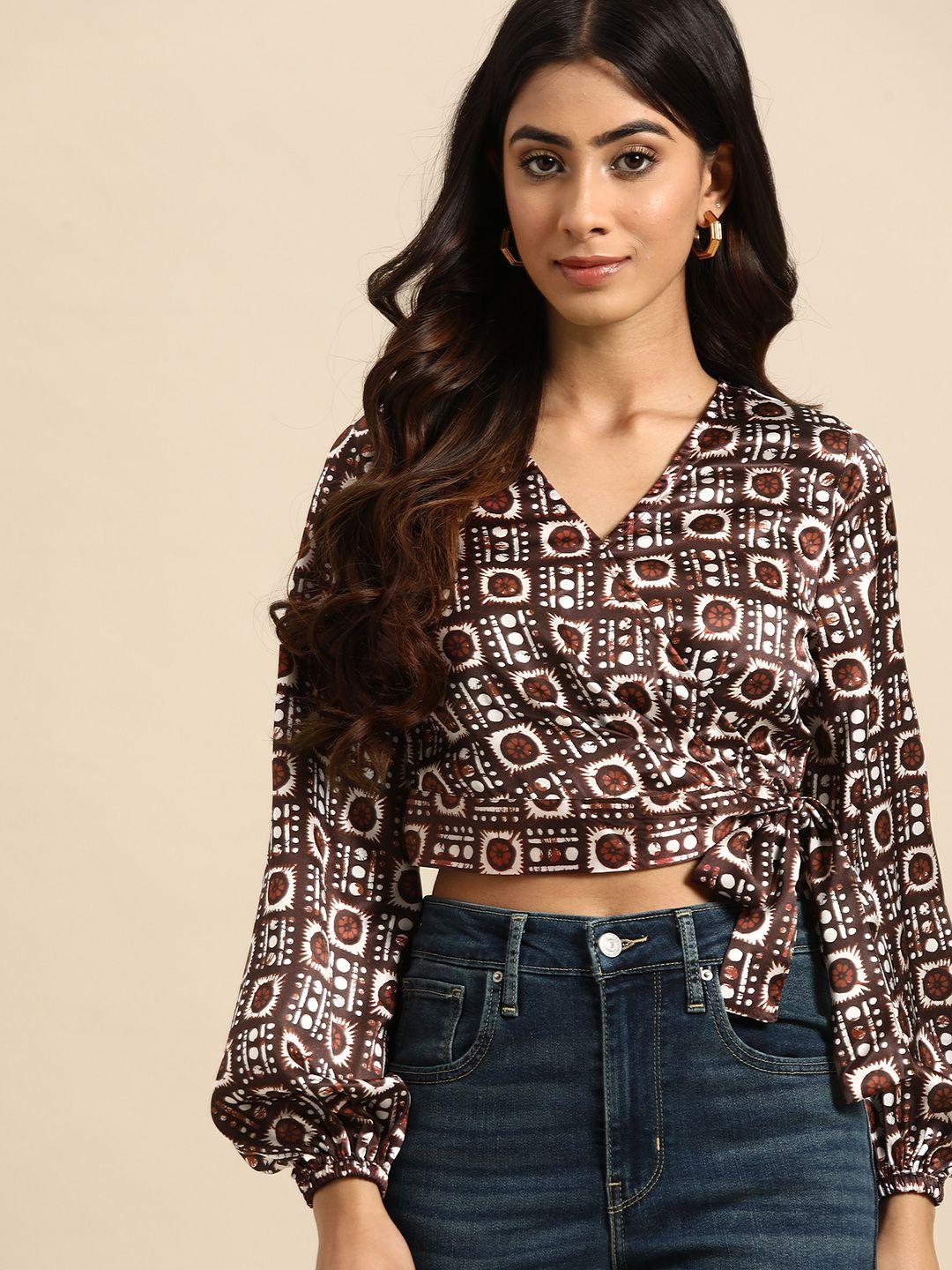 all about you satin finish printed puff sleeves wrap crop top